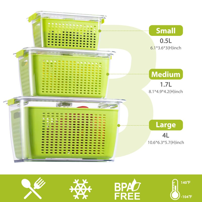 LUXEAR Fresh Container, 3PACK Produce Saver Container BPA Free Fridge Organizer for Vegetable Fruit and Salad Partitioned Food Storage Container with Vents Stay Fresh Containers Not Dishwashers Safe - Image 4